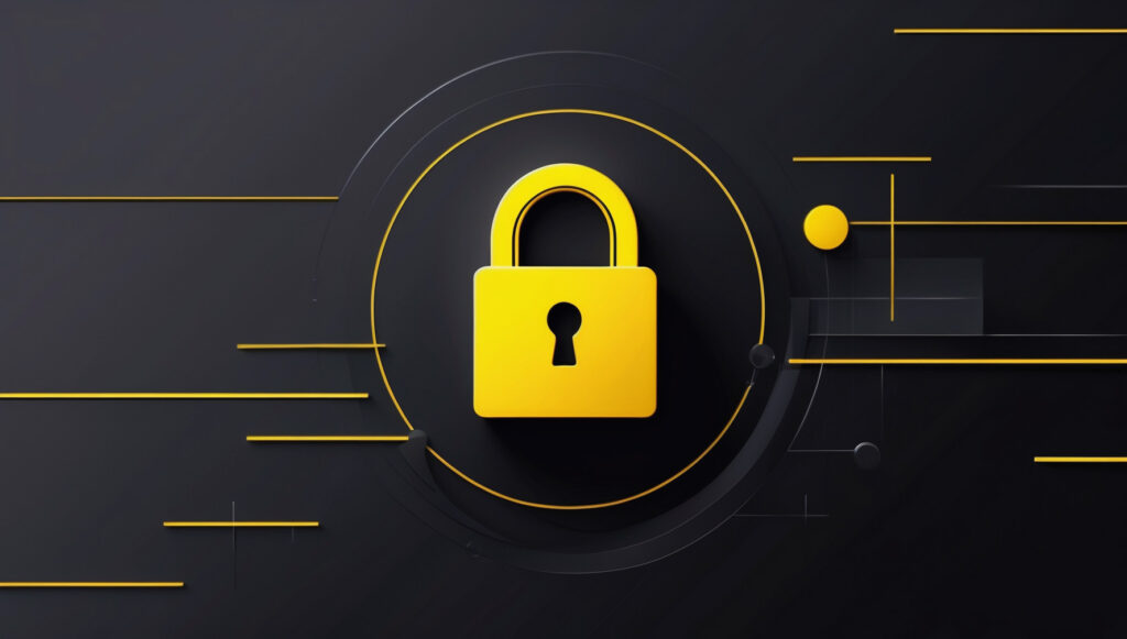 7 Simple Ways to Protect Your Privacy Online Black and yellow digital illustration of a lock symbol representing online privacy and secure password protection.