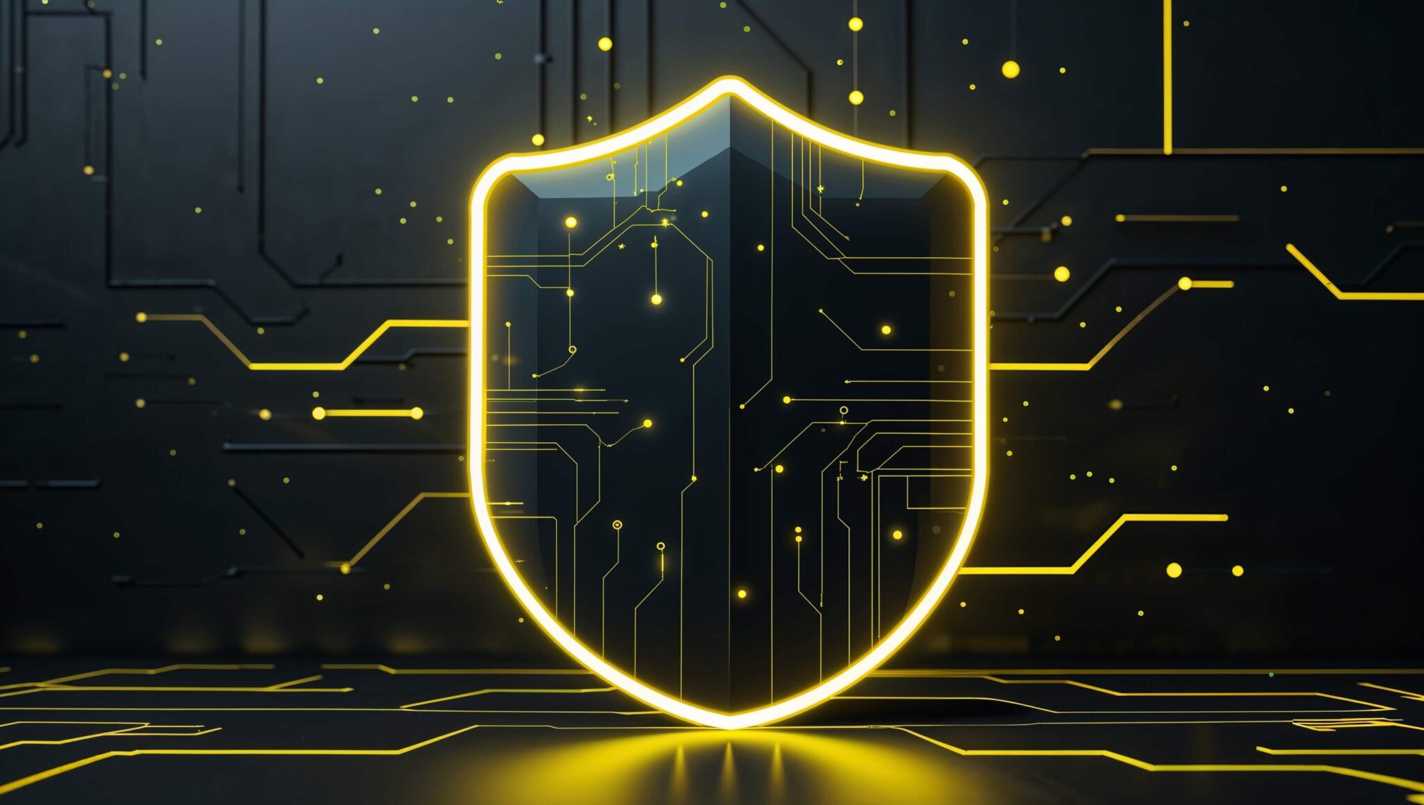 Home Futuristic glowing yellow digital shield symbolizing online privacy and cybersecurity protection on a dark background for Privynox homepage.