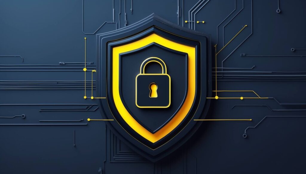 VPN Basics: What It Is, When You Need It, and How to Choose Black and yellow digital shield and padlock representing VPNs as part of modern digital safety.