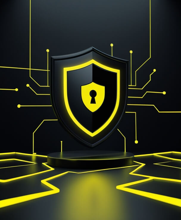 Home Futuristic black and yellow glowing shield symbolizing cybersecurity and data protection, representing Privynox’s commitment to online safety and digital privacy.