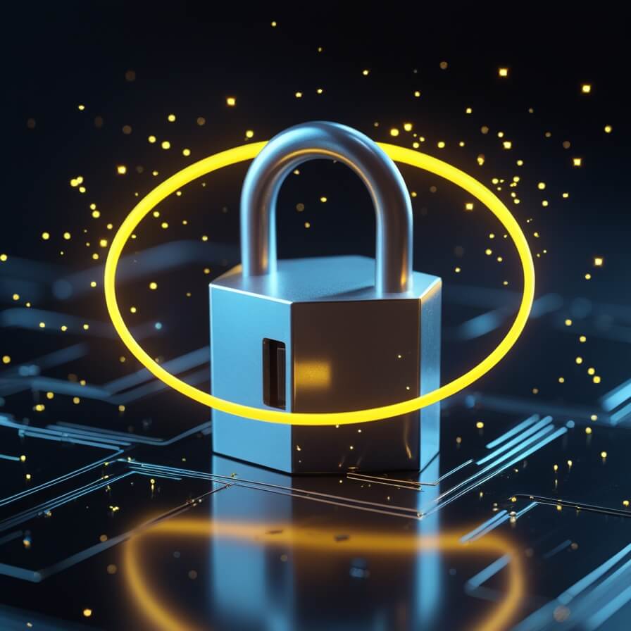 A glowing yellow padlock on a dark background representing online privacy, data protection, and cybersecurity awareness.
