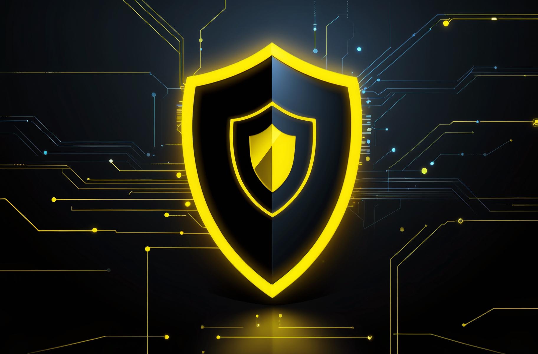 About Black and yellow digital shield graphic symbolizing online security and privacy protection.
