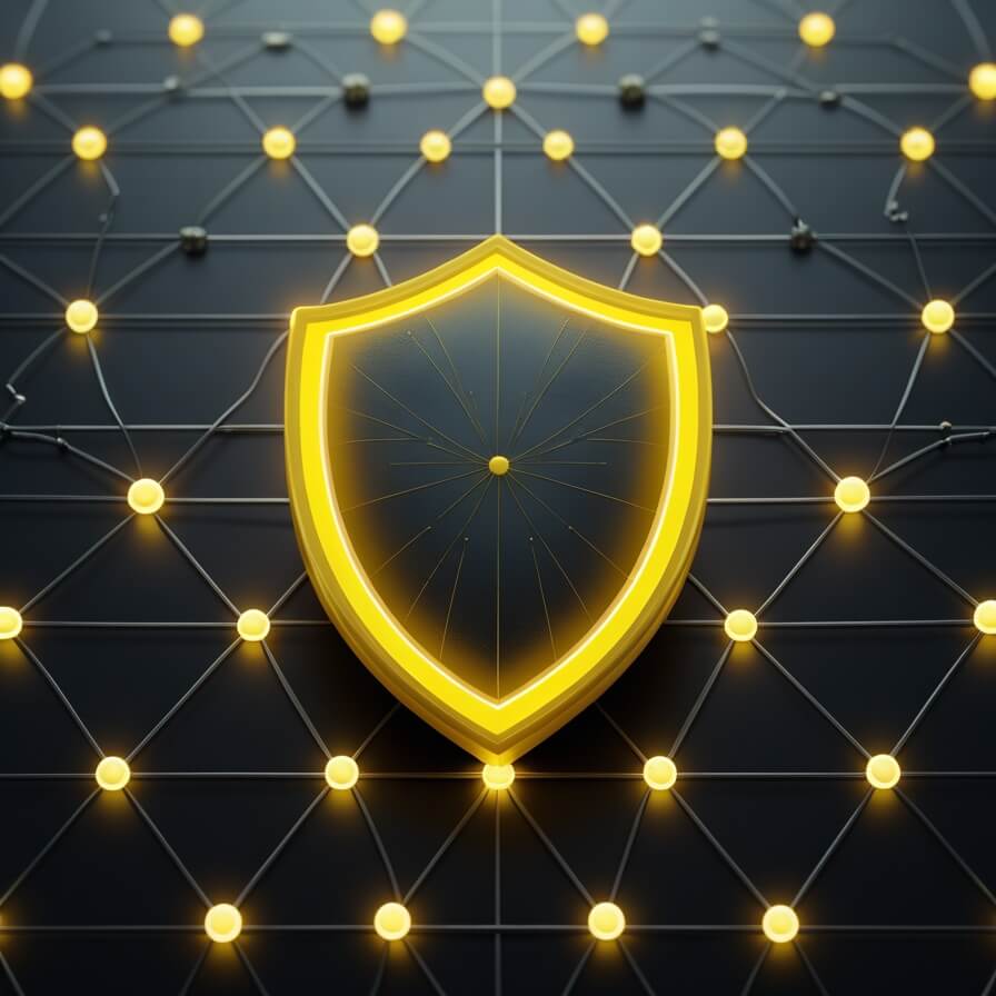 Yellow shield and network nodes on black grid symbolizing VPN guide