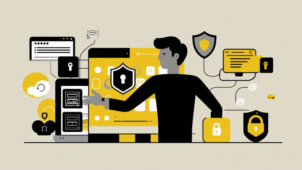 Illustration of a person securing their online accounts with tools like shields and passwords, representing simple privacy protection steps