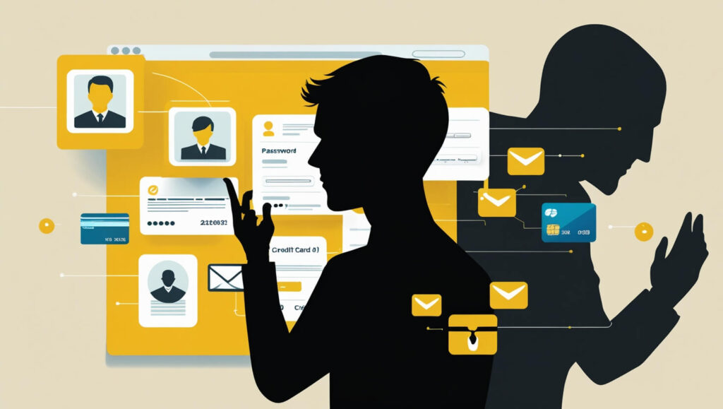 Illustration of personal data being exposed and accessed by a hacker, representing the risks of losing online privacy