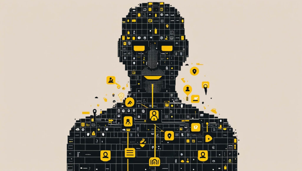 Illustration showing what is online privacy by depicting personal data fragments leaking from a user in black and yellow style